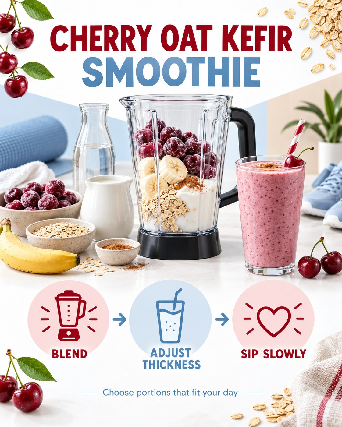 Cherry red and powder blue infographic showing frozen cherries, oats, kefir, banana, cinnamon, a blender, and a pink smoothie.