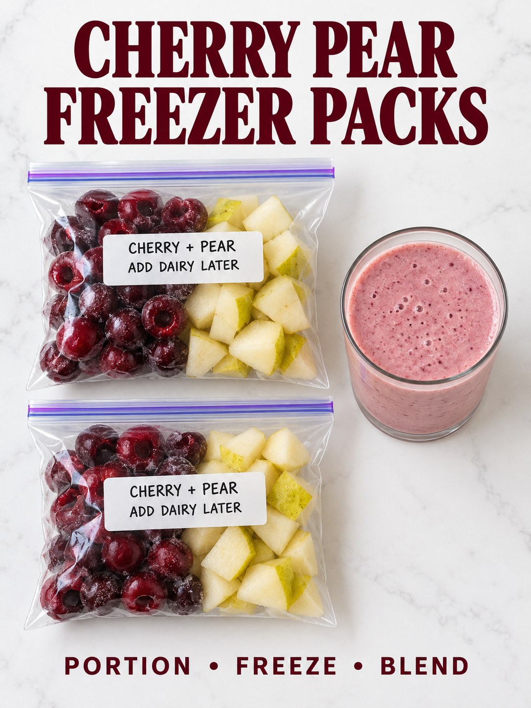 Two clear freezer bags containing cherries and pear pieces beside a pink smoothie, with Cherry Pear Freezer Packs text and Add Dairy Later labels.