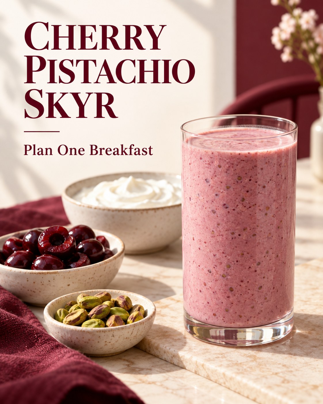 Pink cherry skyr smoothie beside pitted cherries and pistachios, with Cherry Pistachio Skyr and Plan One Breakfast text.
