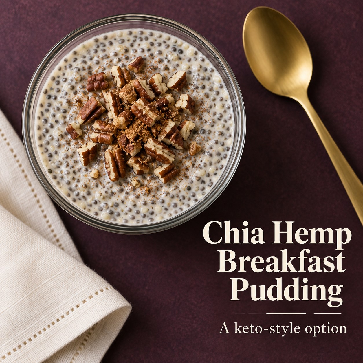 Chia hemp pudding with chopped pecans on a plum background beside the words Chia Hemp Breakfast Pudding.