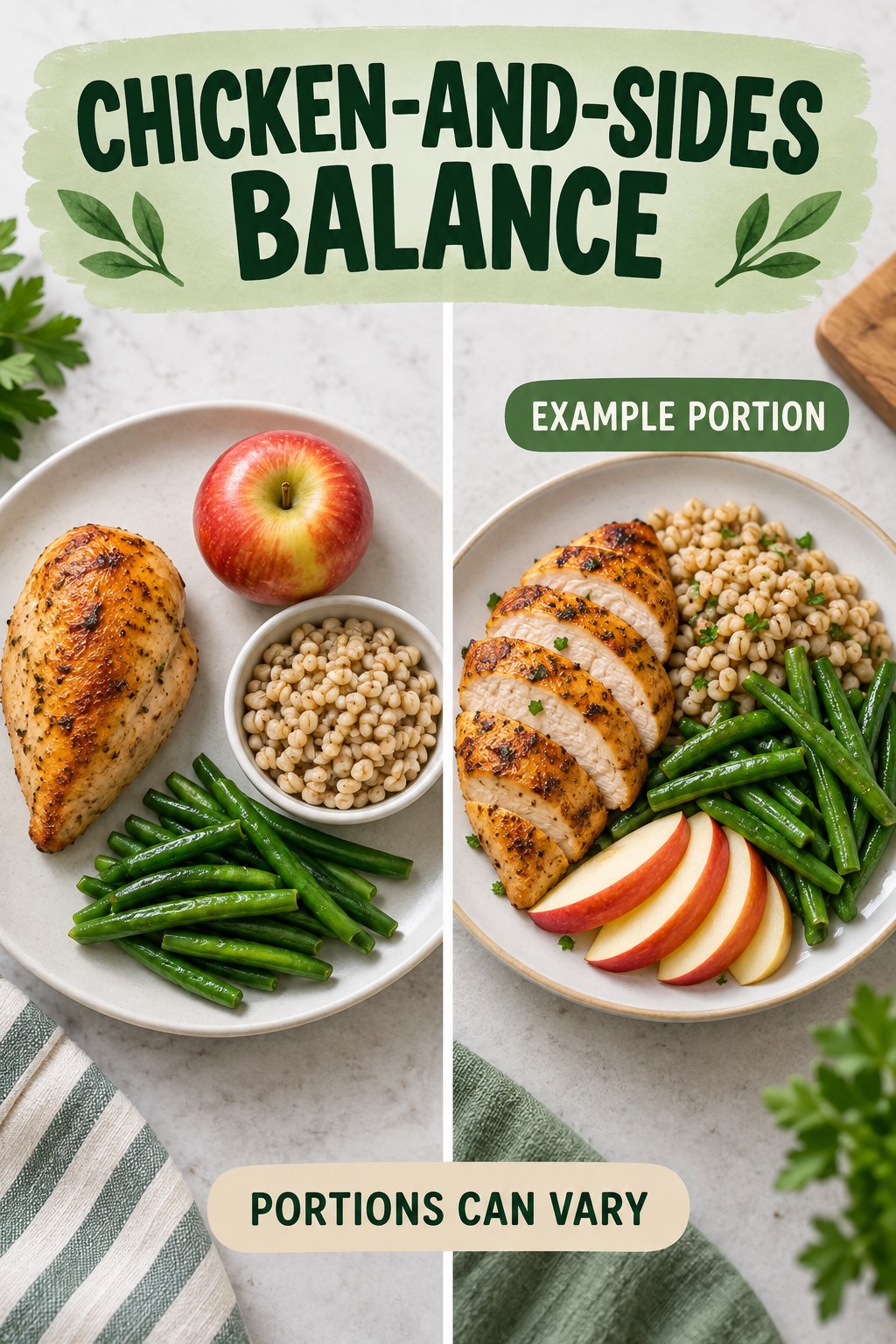 Chicken-and-Sides Balance visual using roasted chicken, barley, green beans, and apple as flexible example portions for Healthy Chicken Recipes.