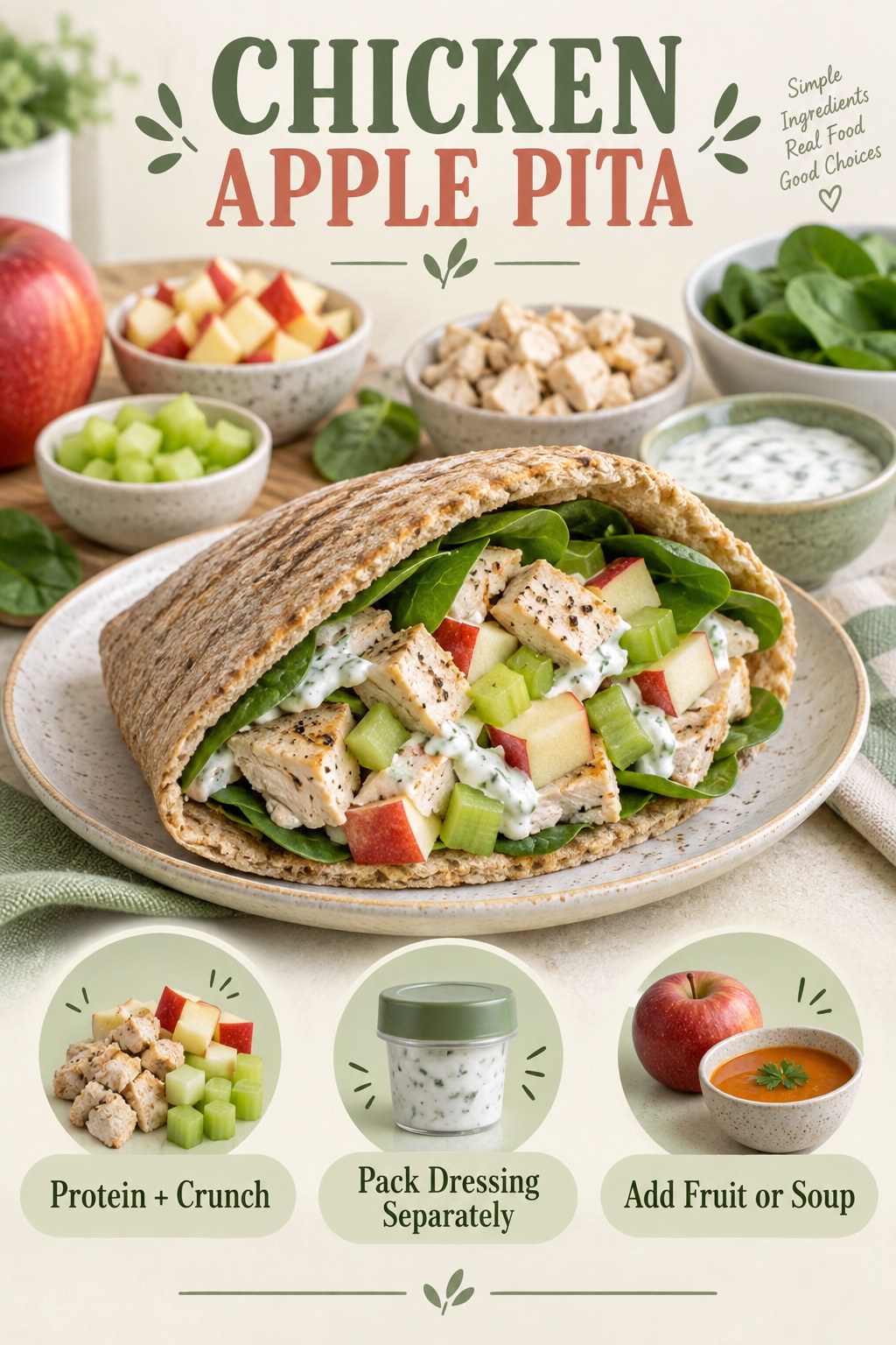 Chicken apple yogurt pita with spinach, celery, whole-wheat bread, and three practical lunch packing tips.