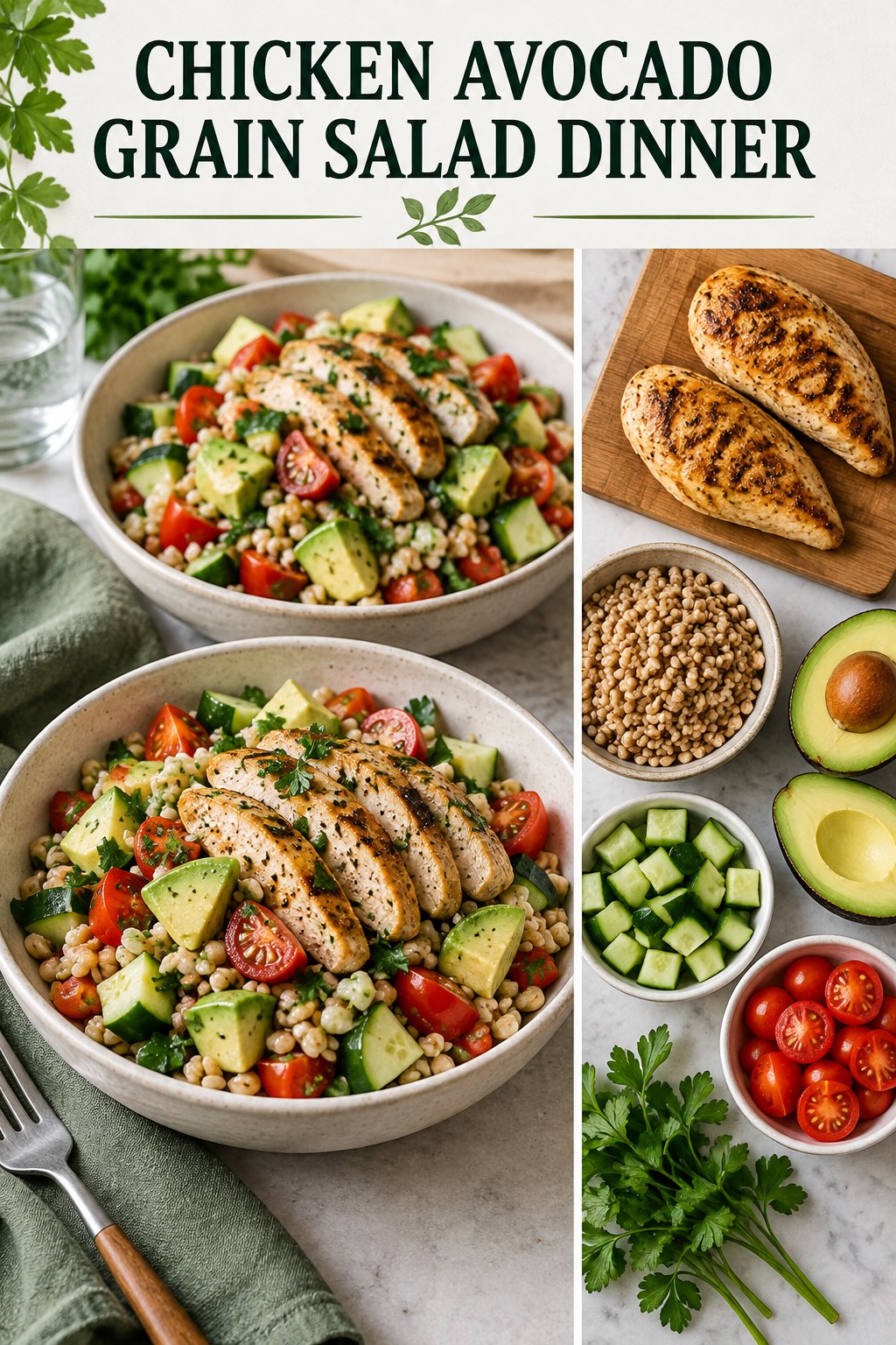 Two servings of chicken avocado grain salad dinner made with chicken, farro, and vegetables.