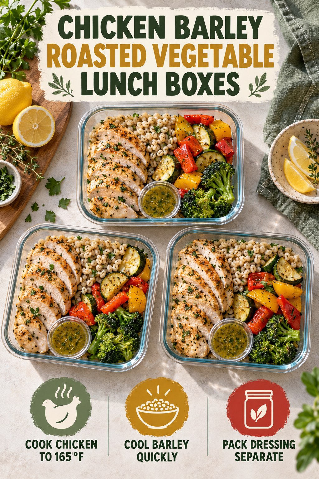 Three chicken barley and roasted vegetable lunch boxes with zucchini, peppers, broccoli, and separate herb dressing
