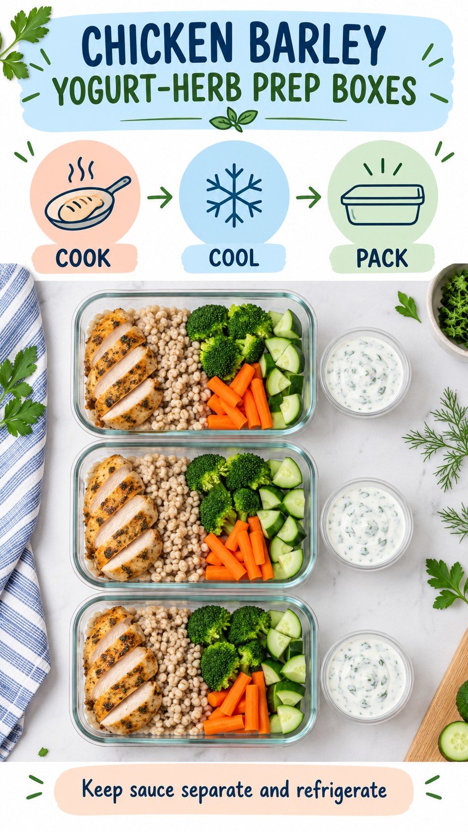 Chicken, barley, broccoli, carrots, cucumber, and yogurt-herb sauce arranged in meal-prep boxes