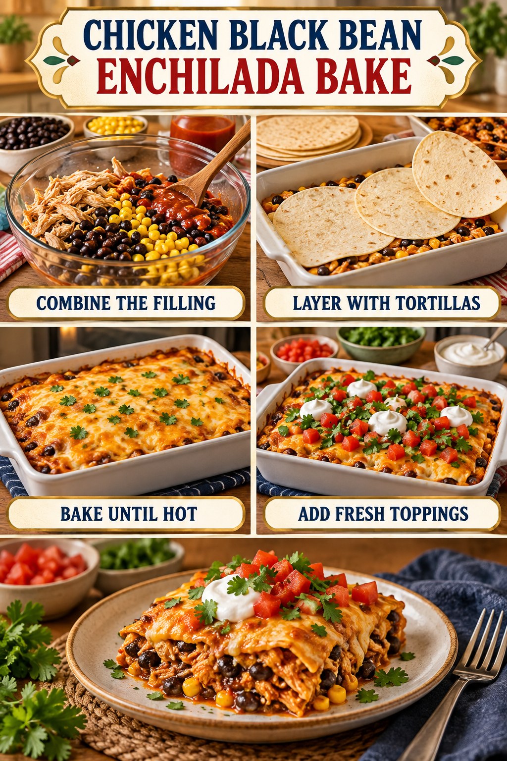 Chicken black bean enchilada bake infographic showing combined filling, tortilla layers, baking, fresh toppings, and a plated serving.