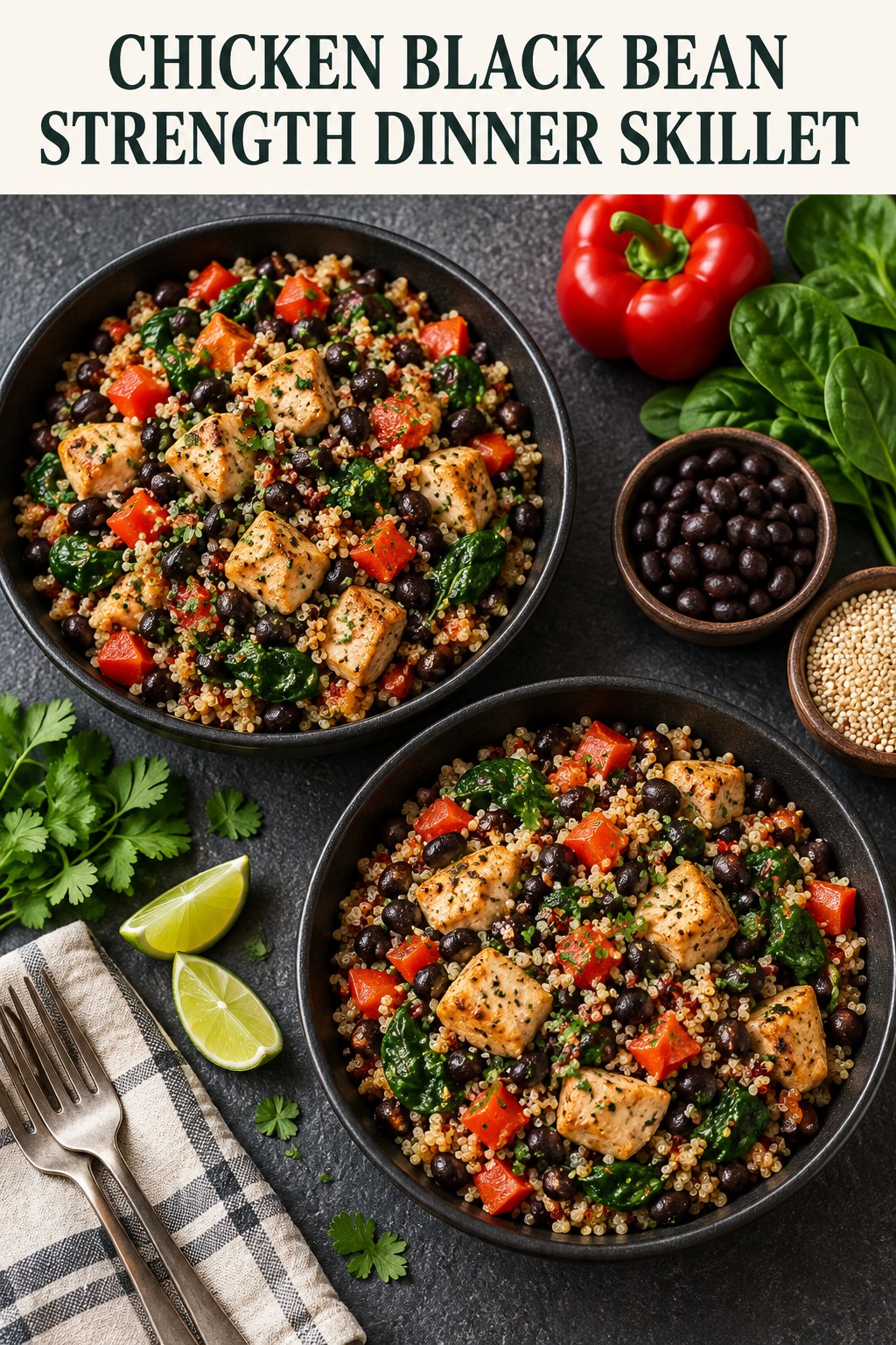 Two servings of chicken black bean strength dinner skillet made with chicken, black beans, and vegetables.