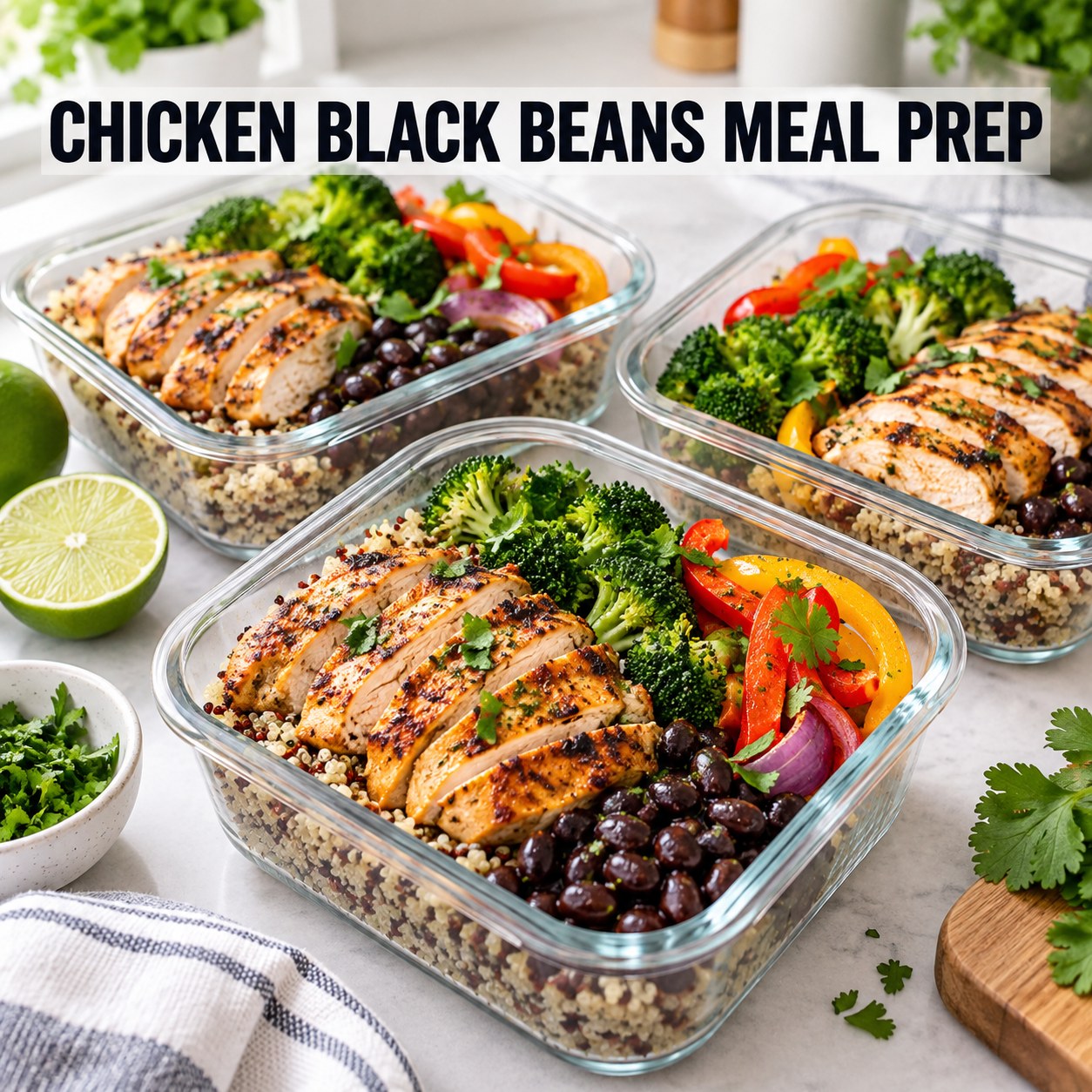 Three containers of chicken black beans quinoa prep boxes with chicken, quinoa, black beans, and broccoli.