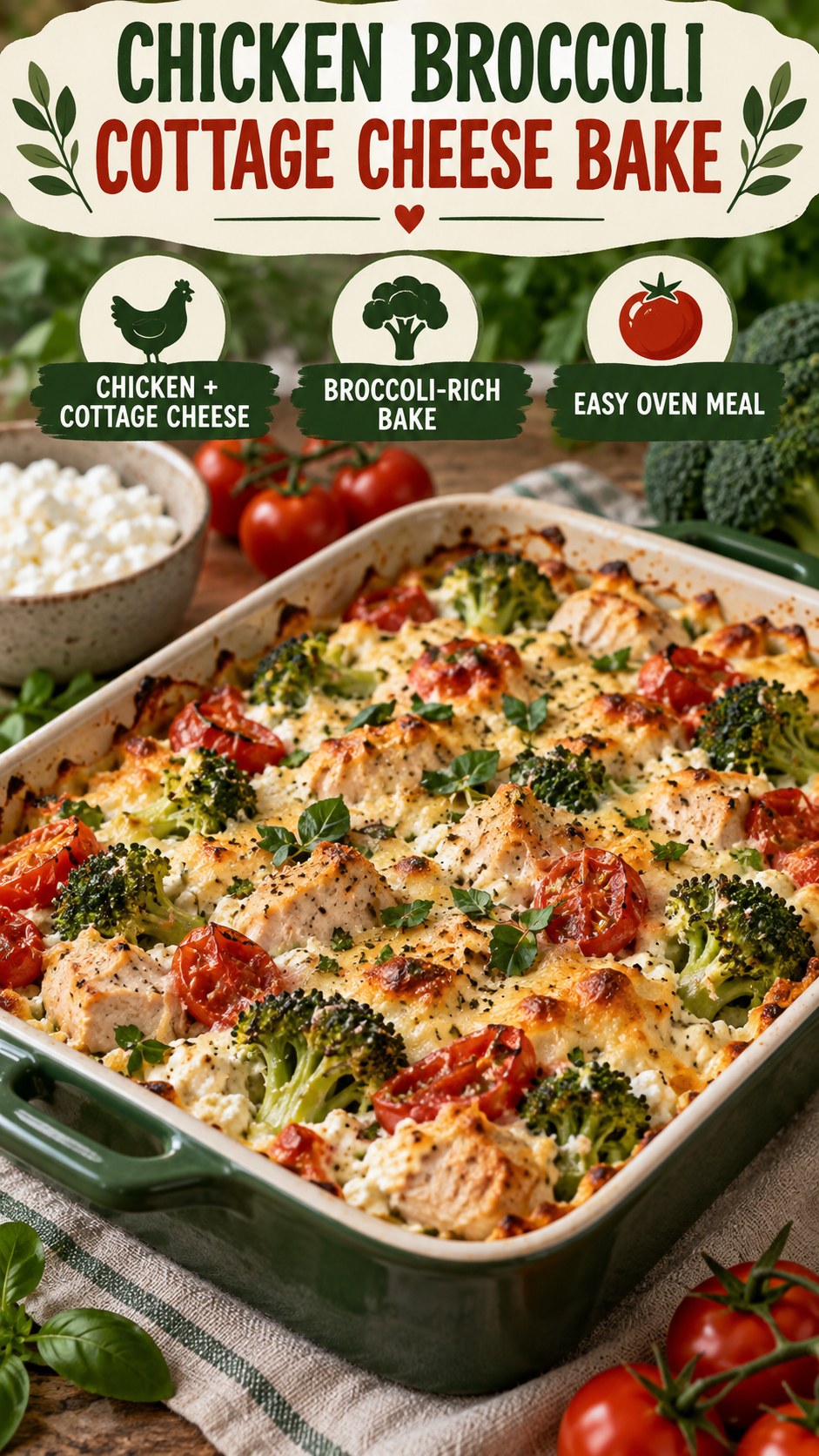 Forest green infographic showing a baked dish with chicken, broccoli, cottage cheese, tomatoes, herbs, and a browned top