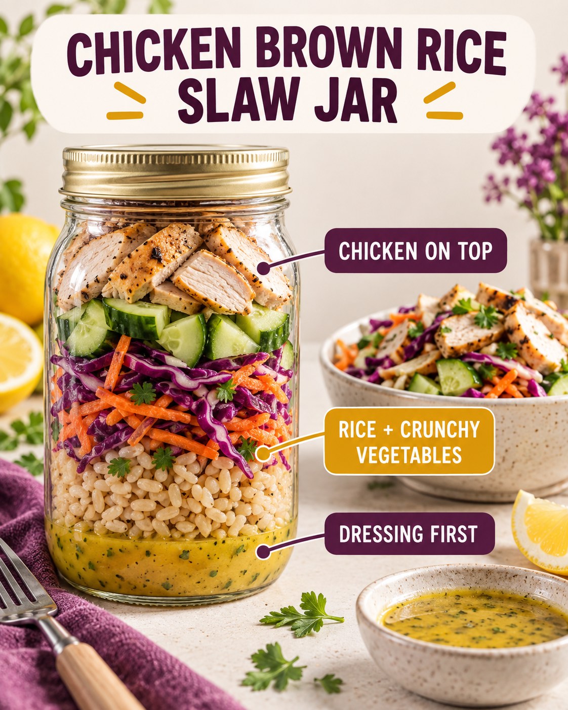 Chicken brown rice slaw lunch jar layered with lemon dressing, rice, cabbage, carrot, cucumber, and cooked chicken.