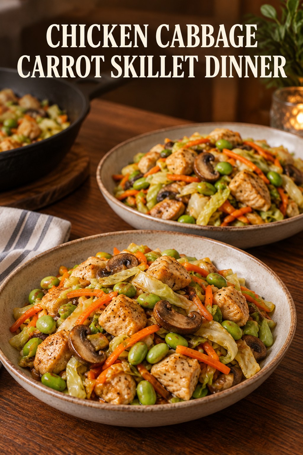 Two servings of chicken cabbage carrot skillet dinner made with chicken, cabbage, and vegetables.