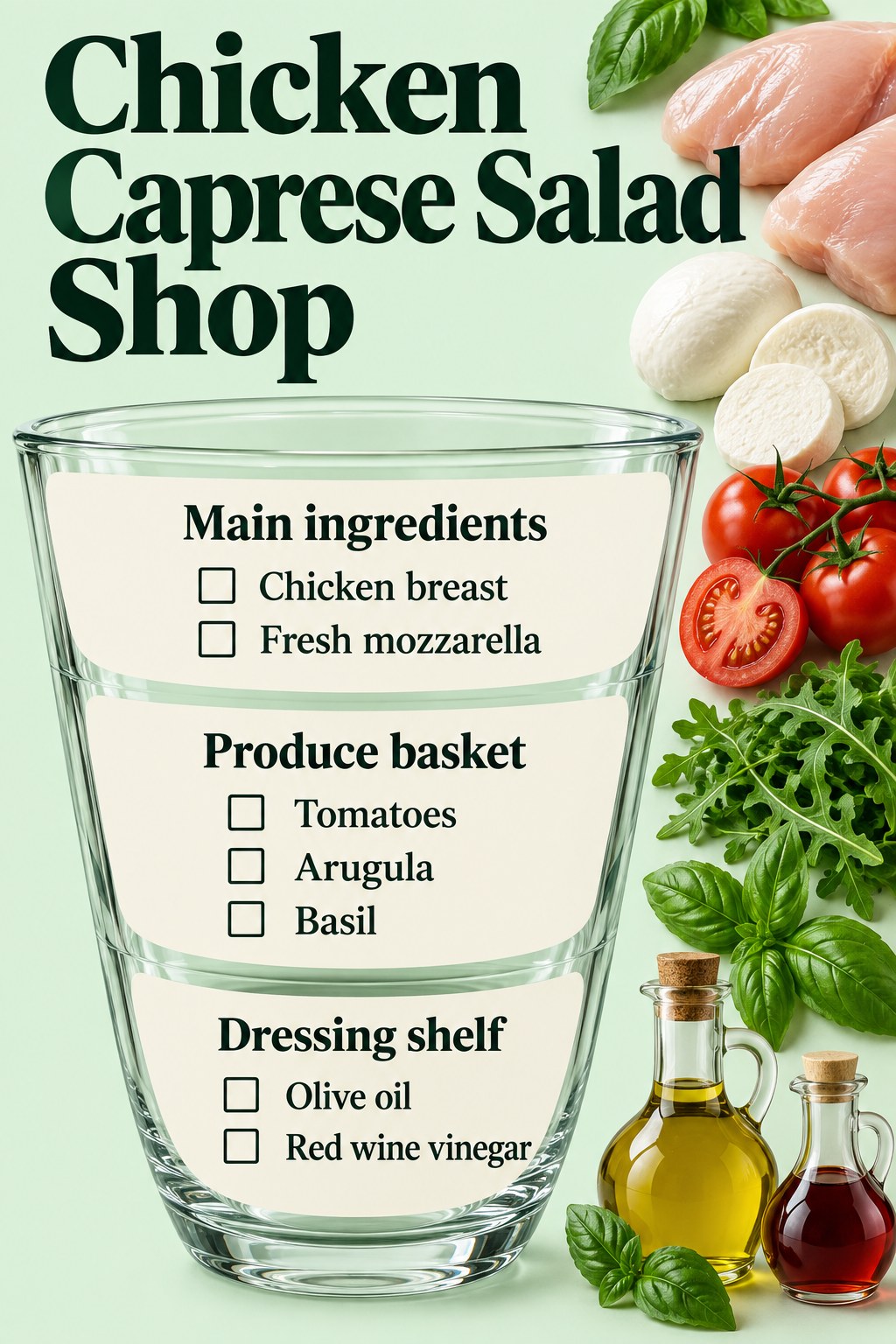 Mint salad-bowl grocery graphic listing chicken breast, mozzarella, tomatoes, arugula, basil, olive oil and red wine vinegar.