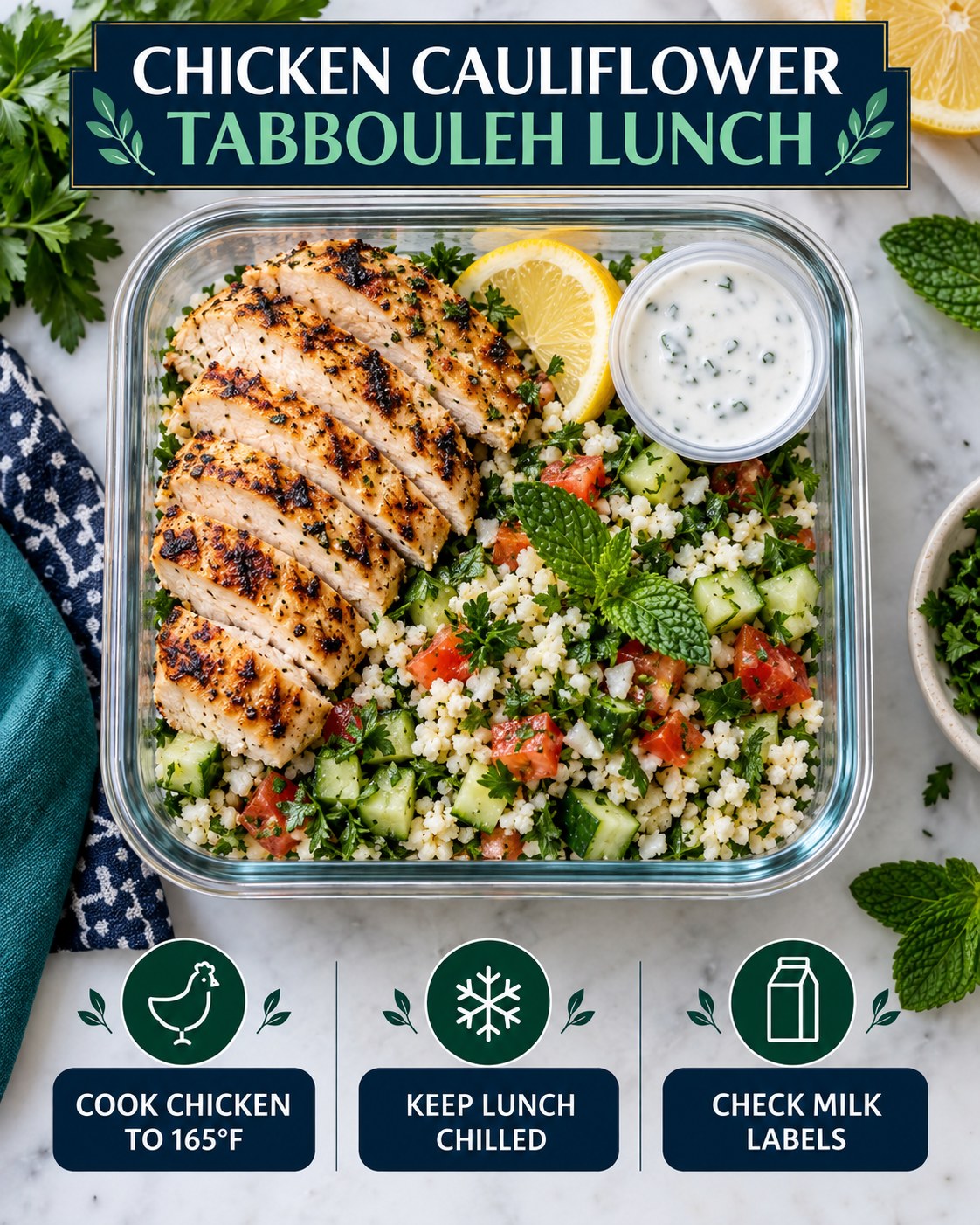 Grilled chicken cauliflower tabbouleh lunch box with cucumber, tomato, herbs, lemon, and yogurt dressing