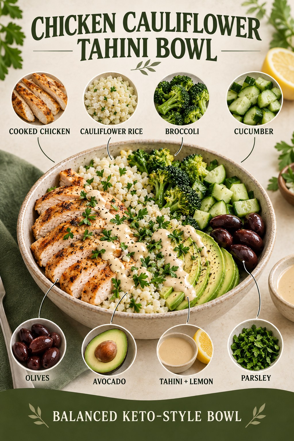 Chicken cauliflower tahini keto-style bowl with broccoli, cucumber, olives, avocado, and parsley
