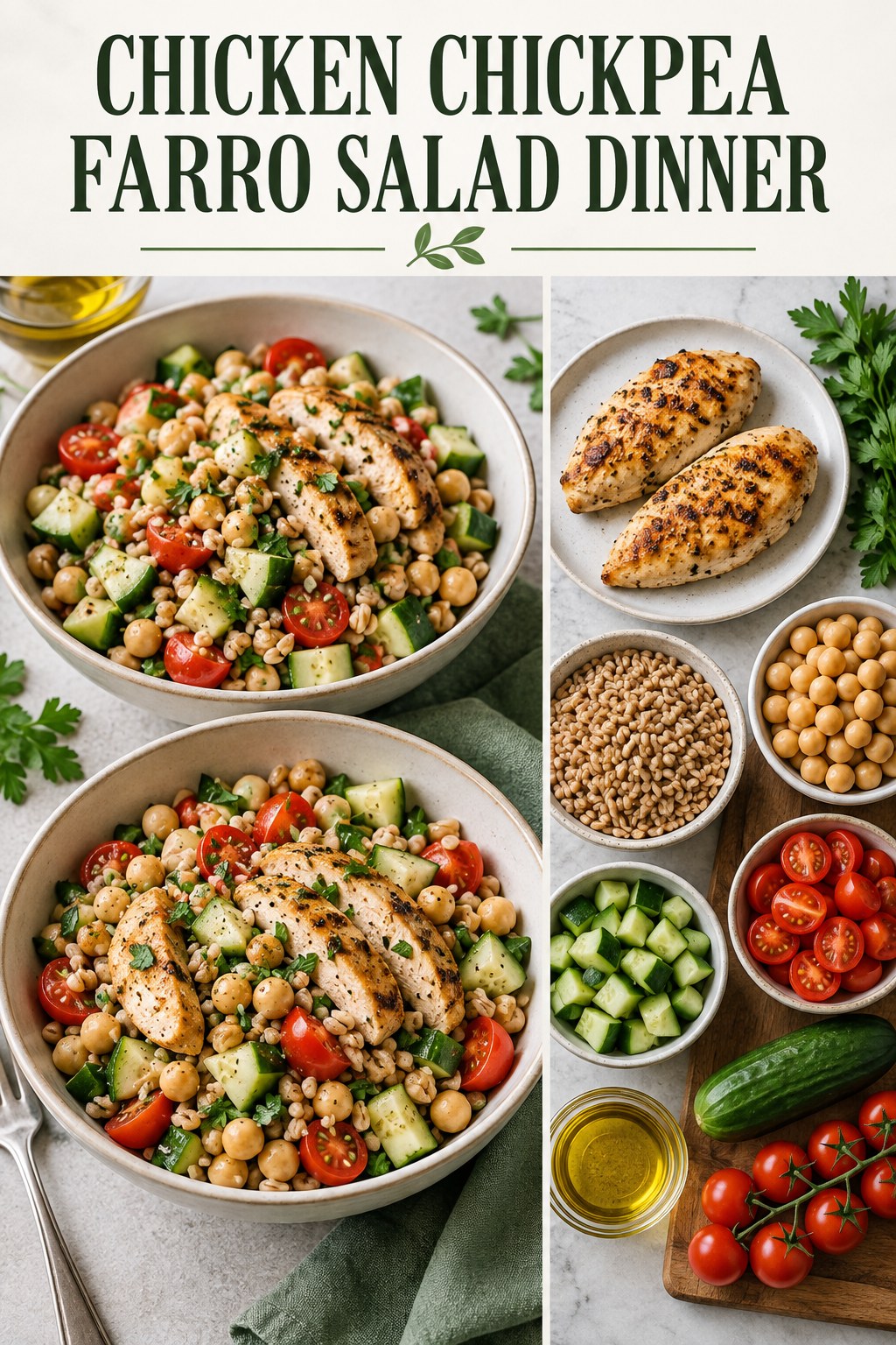 Two servings of chicken chickpea farro salad dinner made with chicken, chickpeas, and vegetables.