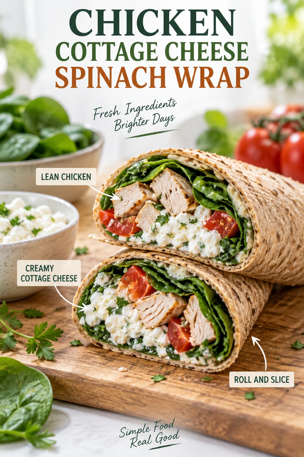 Chicken cottage cheese spinach wrap with tomato and herbs