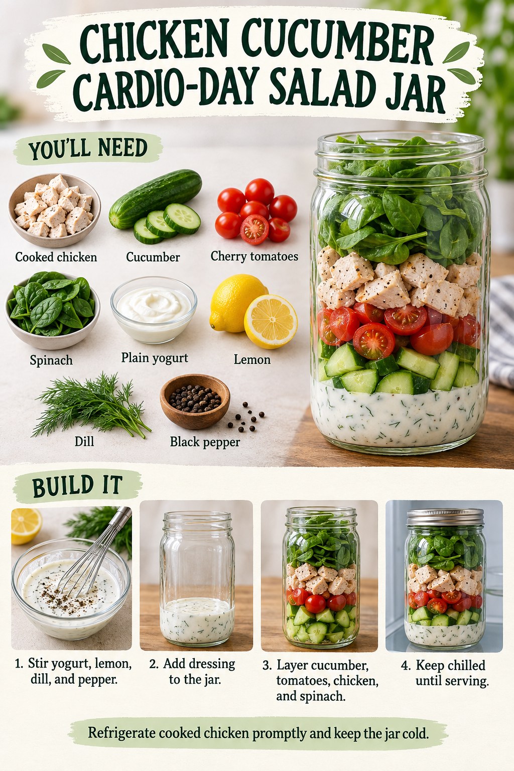 Chicken cucumber salad jar layered with yogurt dressing, tomatoes, spinach, lemon, dill, and black pepper beside cardio gear.