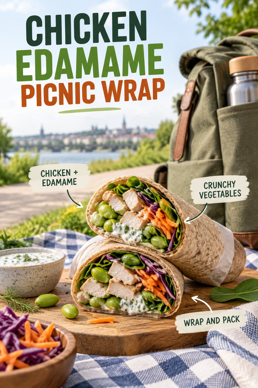 Chicken edamame picnic wrap with cabbage, carrot, greens, and yogurt herb spread