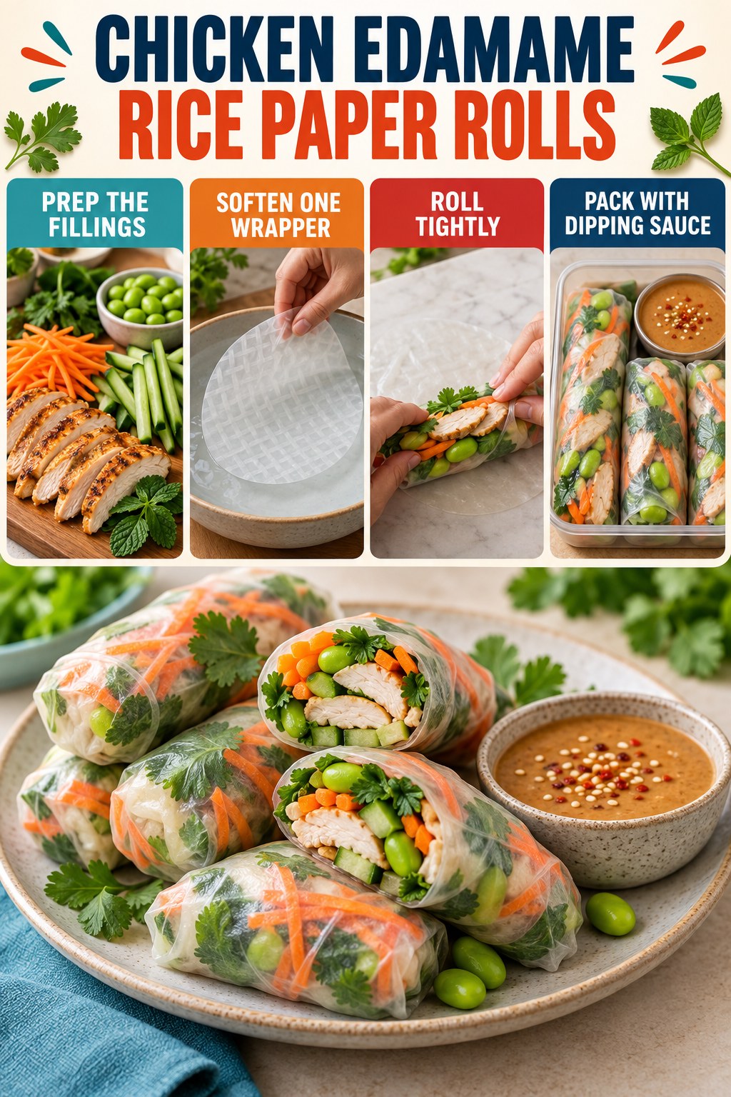 Chicken edamame rice paper roll infographic showing prepared fillings, one softened wrapper, rolling, and a lunch box with sauce.