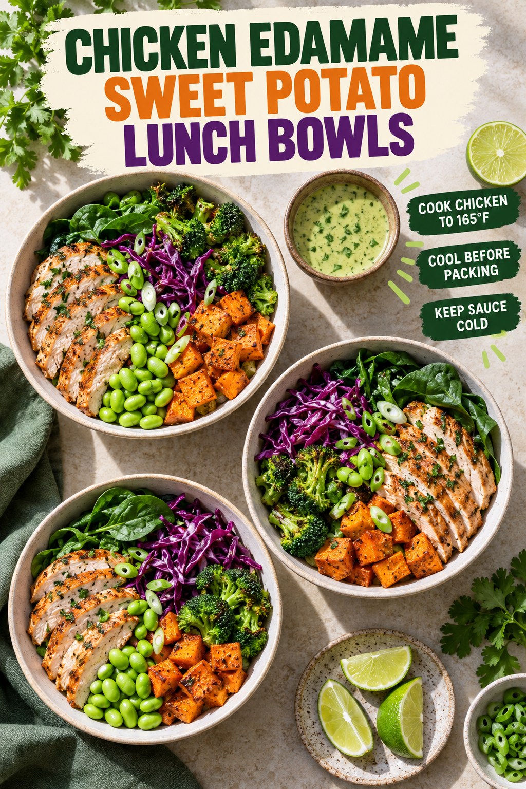 Three chicken edamame sweet potato lunch bowls with broccoli, red cabbage, spinach, scallions, and separate lime-herb sauce
