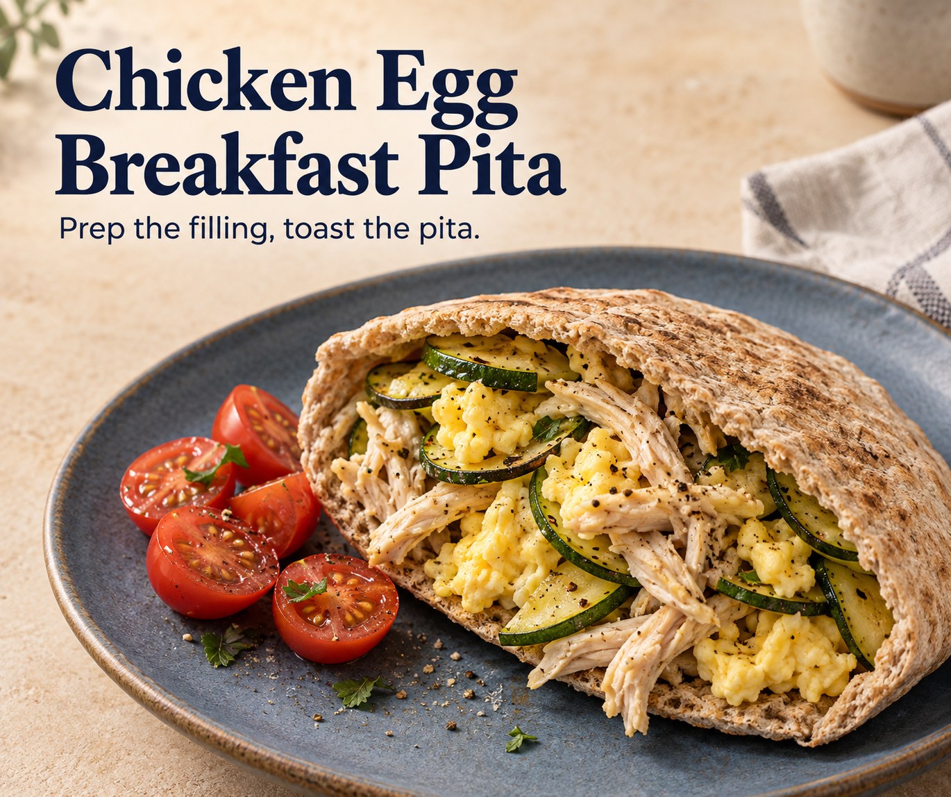 Wholegrain pita filled with shredded chicken, scrambled egg, and zucchini beside tomato.