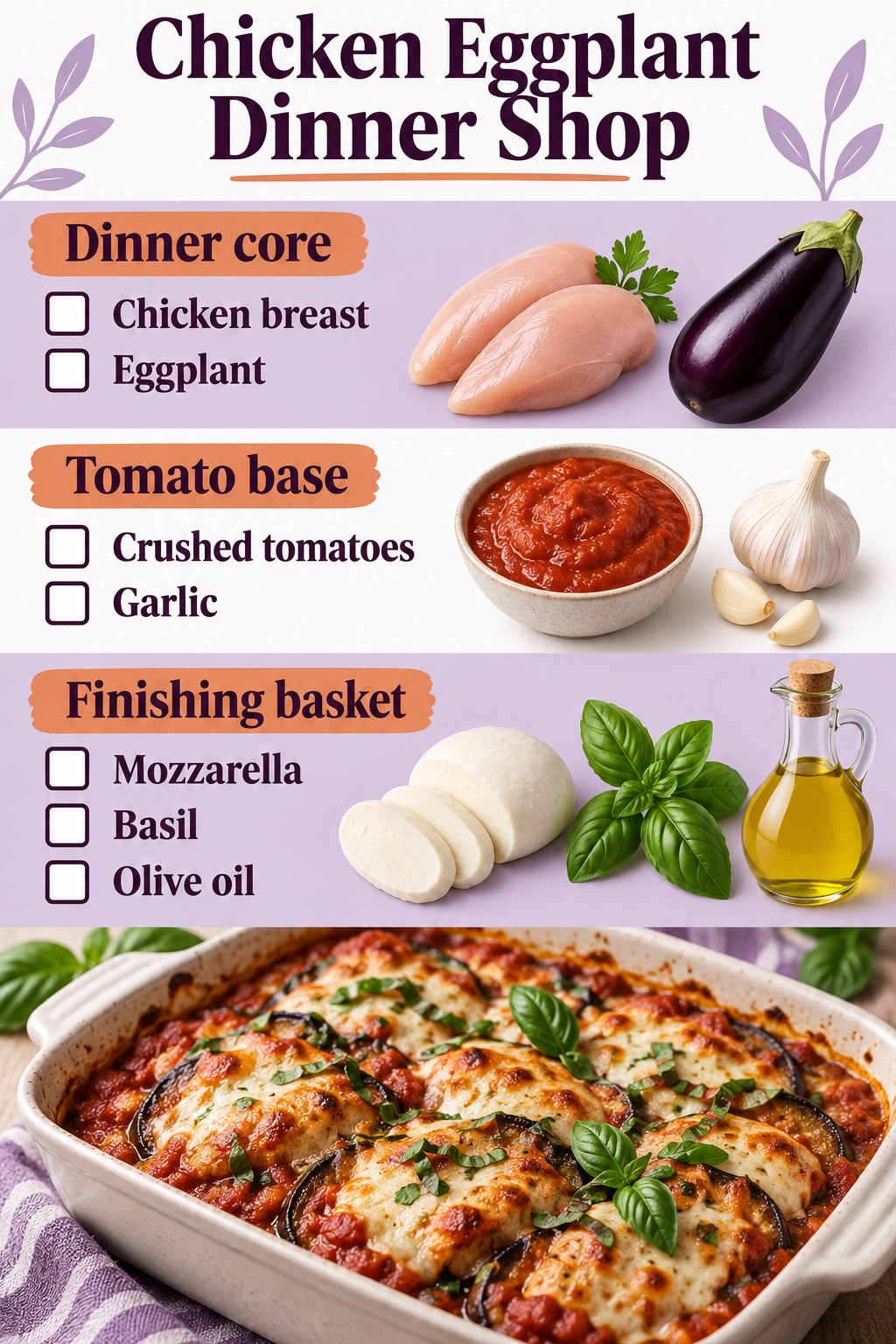Lavender and orange grocery bands listing chicken, eggplant, crushed tomatoes, garlic, mozzarella, basil and olive oil.