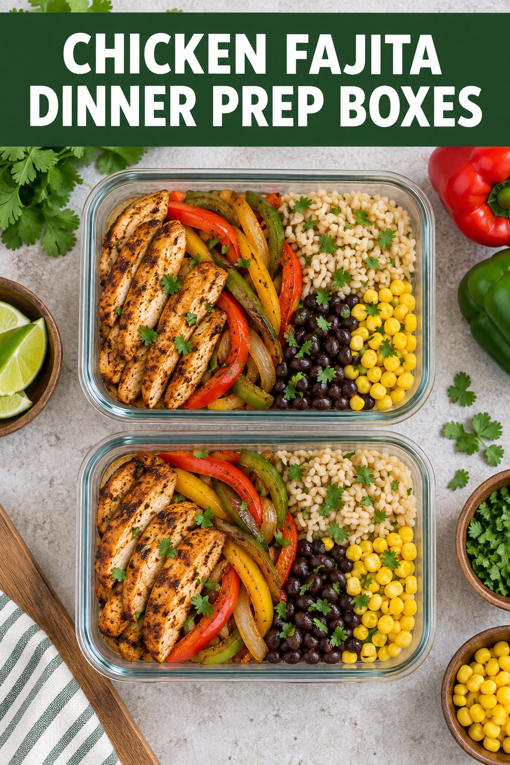 Two servings of chicken fajita dinner prep boxes made with chicken, brown rice, and vegetables.