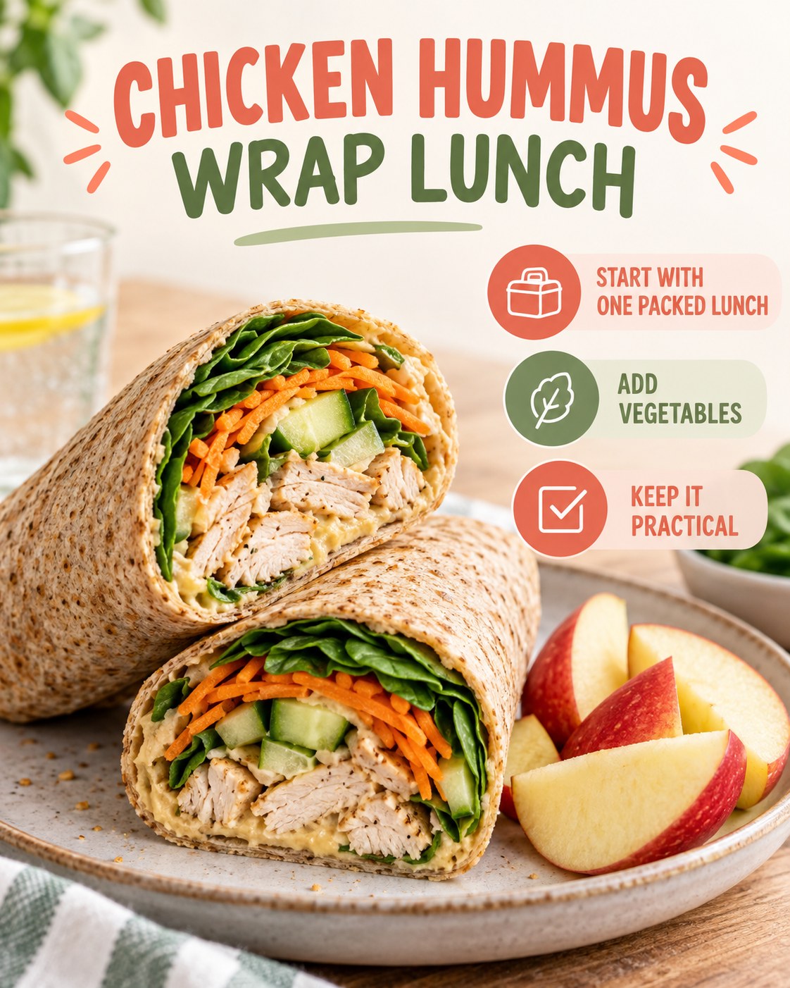Chicken hummus whole-grain wrap with spinach, cucumber, carrot, apple wedges, and three practical lunch motivation tips.