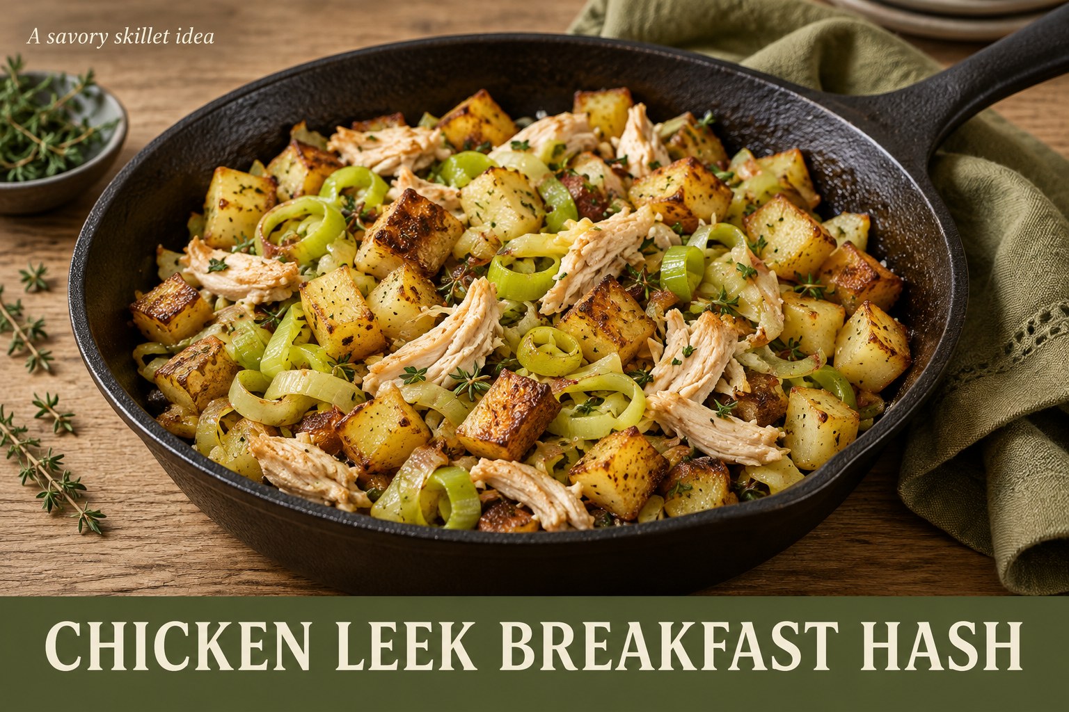A skillet of golden diced potato, shredded chicken, and sliced leek beneath the words Chicken Leek Breakfast Hash.
