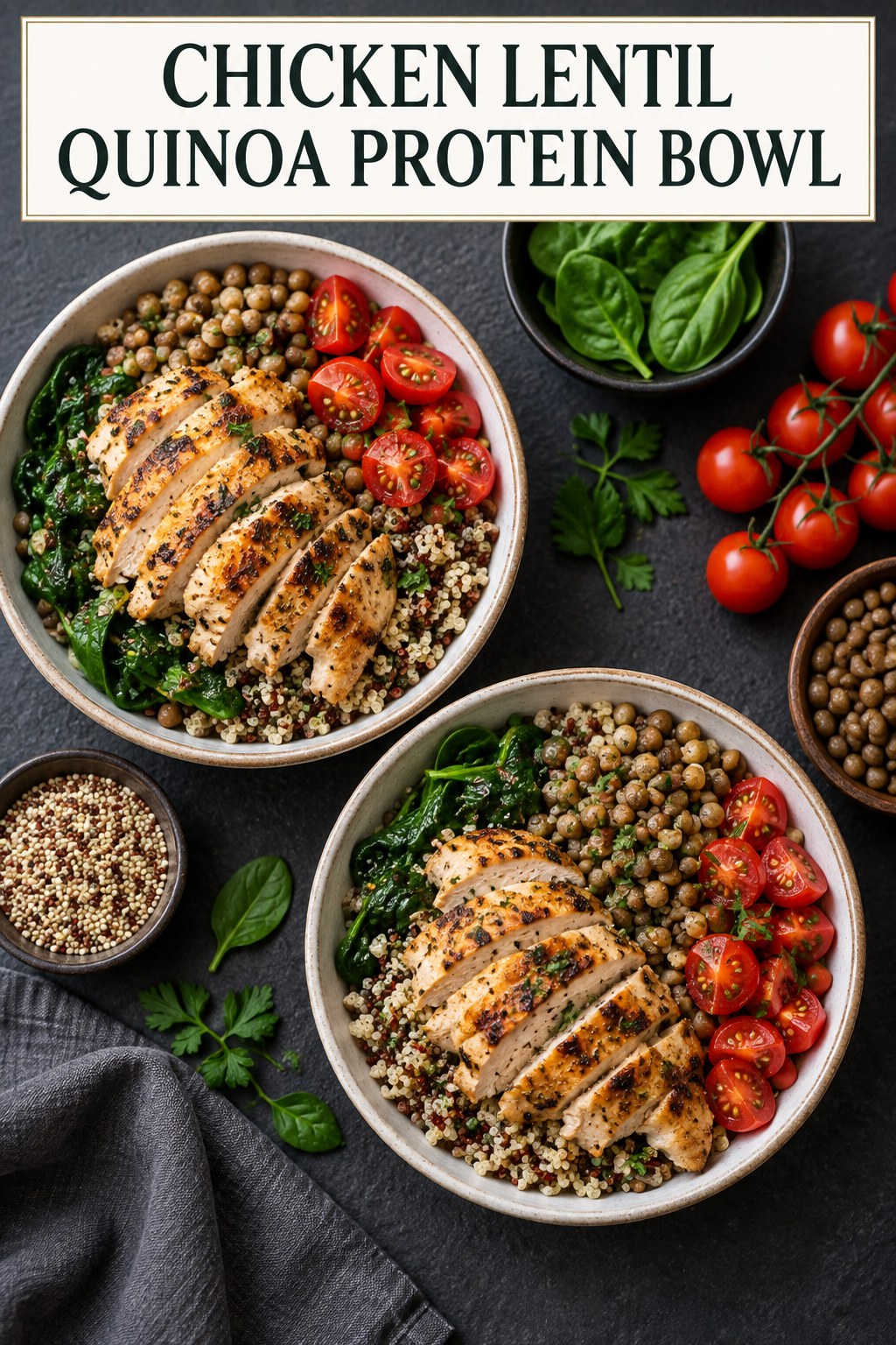 Two servings of chicken lentil quinoa protein bowl made with chicken, lentils, and vegetables.