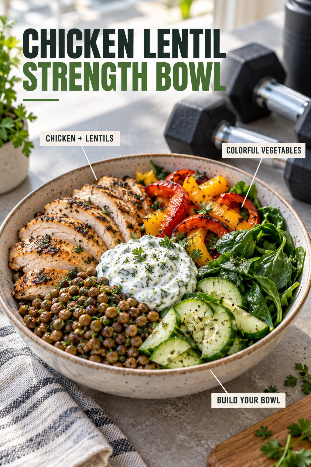 Chicken lentil strength bowl with peppers, spinach, cucumber, and yogurt herb sauce
