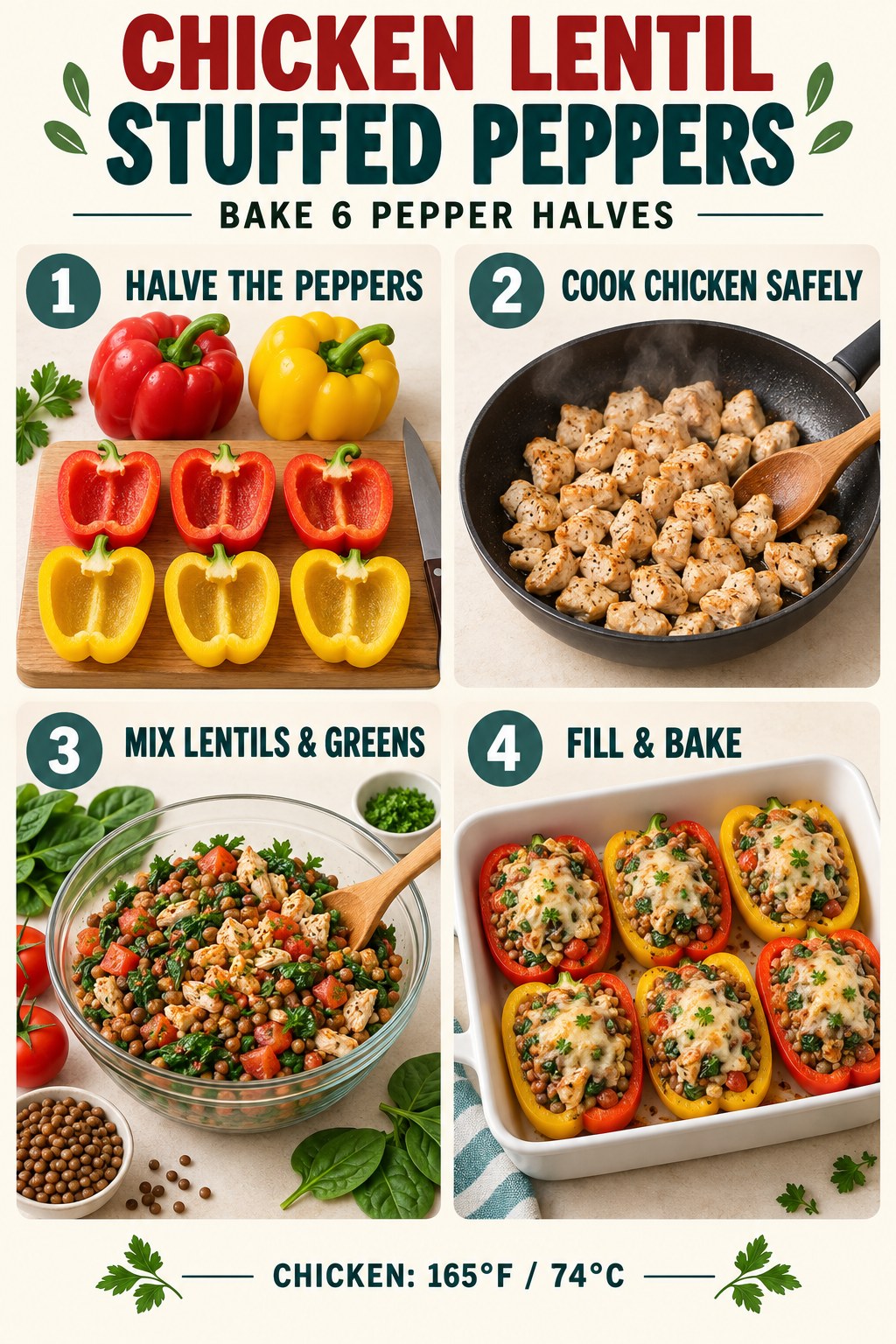 Bell peppers filled with chicken, lentils, tomatoes, herbs, and optional cheese.
