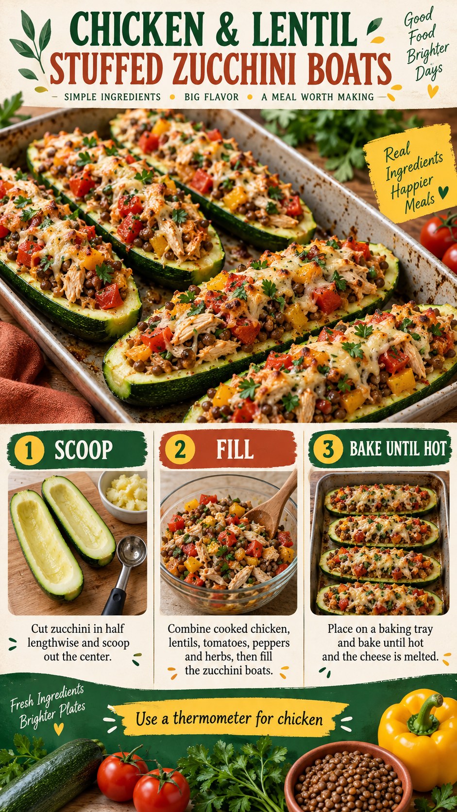 Green and terracotta infographic showing zucchini halves filled with cooked chicken, lentils, tomatoes, peppers, herbs, and cheese