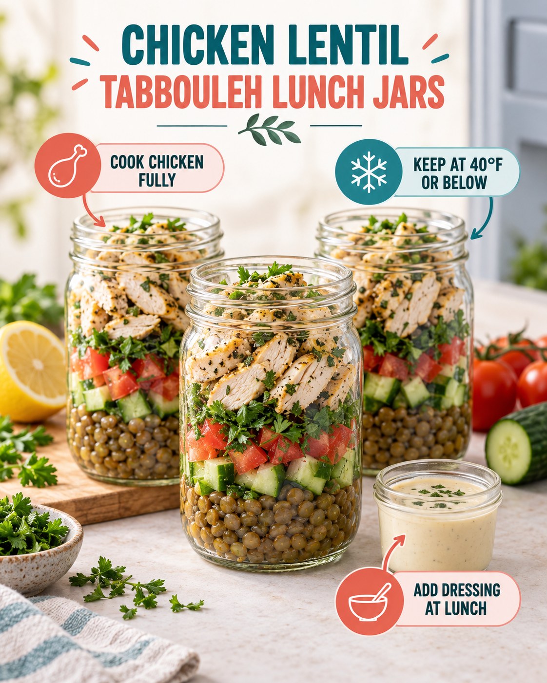 Three chicken lentil tabbouleh lunch jars layered with lentils, cucumber, tomato, parsley, and yogurt-tahini dressing