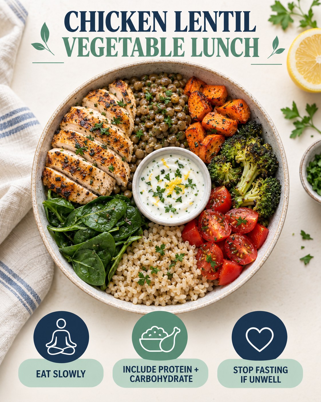 Chicken lentil vegetable lunch bowl with brown rice, carrots, broccoli, spinach, tomatoes, lemon-yogurt sauce, and fasting safety cues.