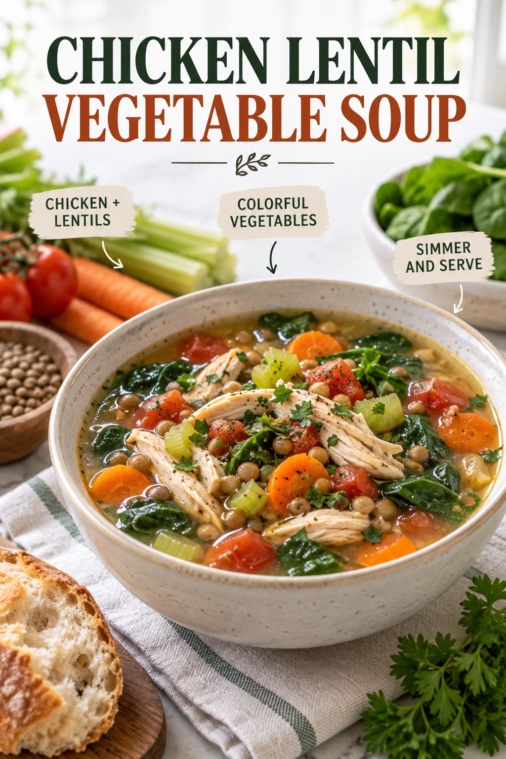 Chicken lentil vegetable soup with carrots, celery, spinach, tomatoes, and herbs