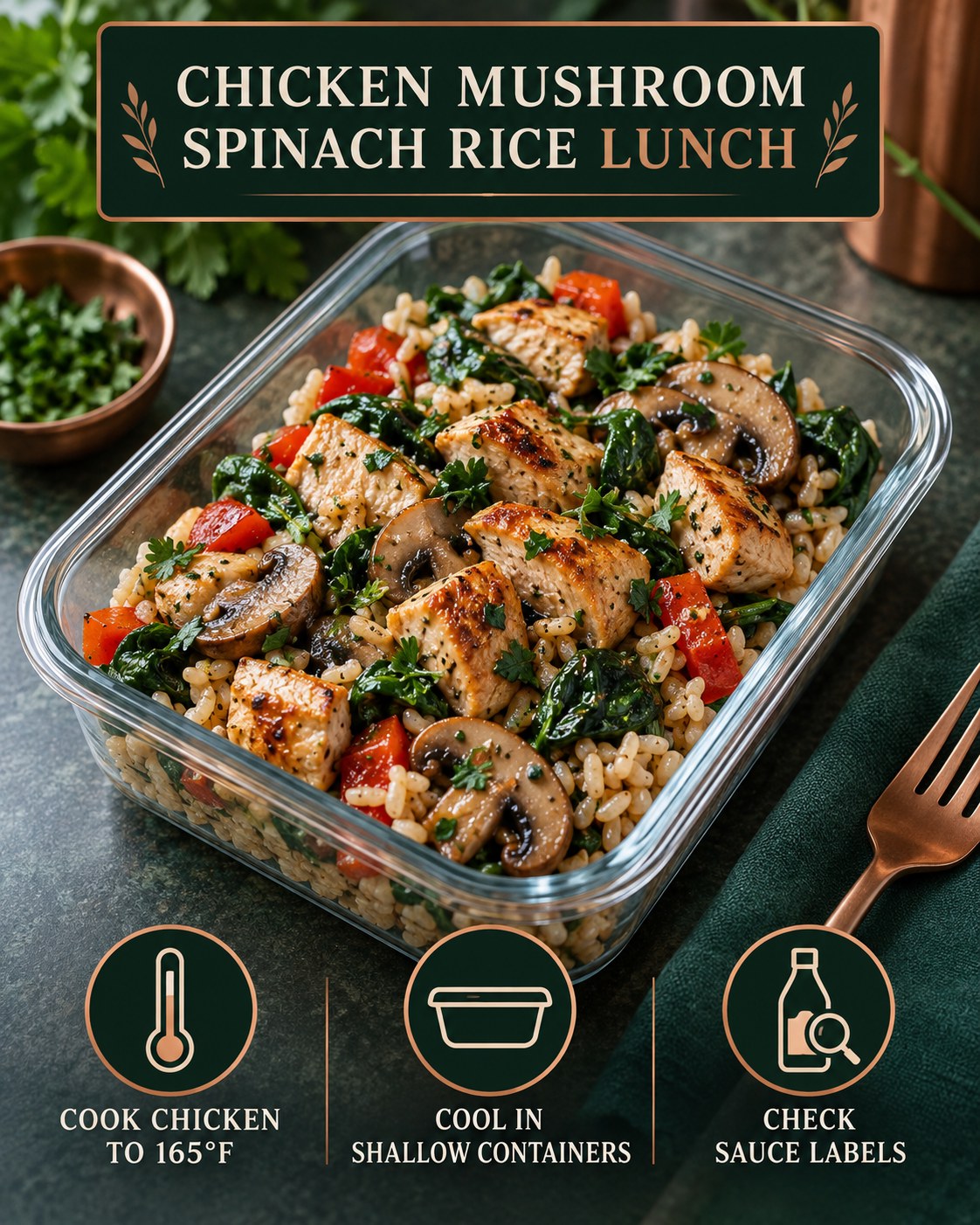 Infographic for chicken mushroom spinach brown rice lunch with chicken temperature, shallow cooling, and sauce label reminders