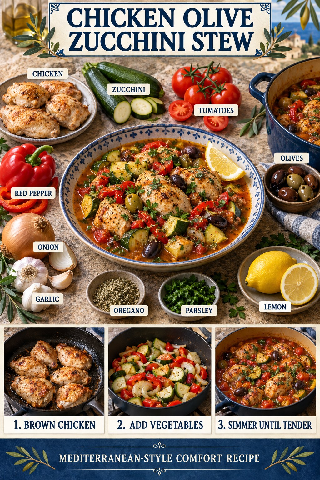 Chicken stew with zucchini, tomatoes, olives, red pepper, onion, garlic, oregano, parsley, and lemon.