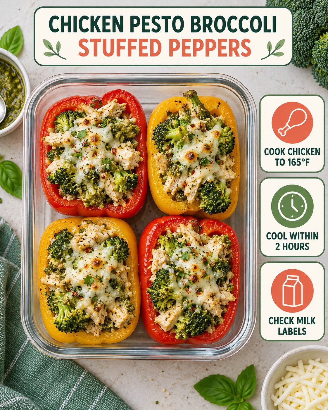 Bell peppers stuffed with cooked chicken, broccoli, pesto, and mozzarella in a lunch container