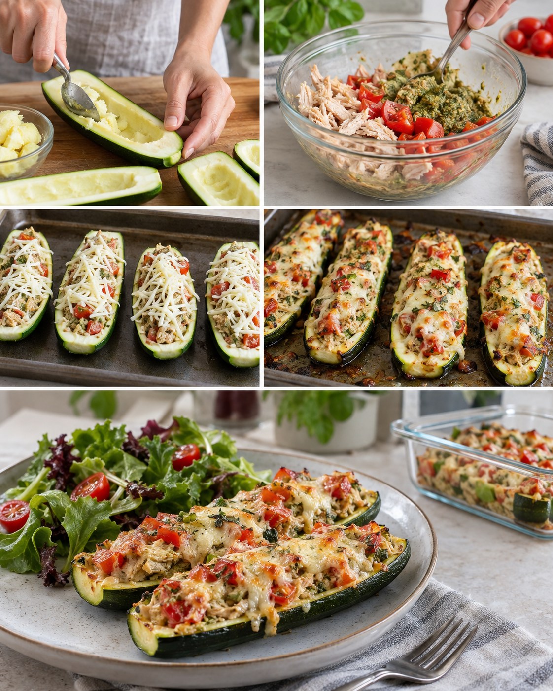 Baked zucchini boats filled with chicken, basil pesto, tomatoes, herbs, and melted mozzarella beside salad