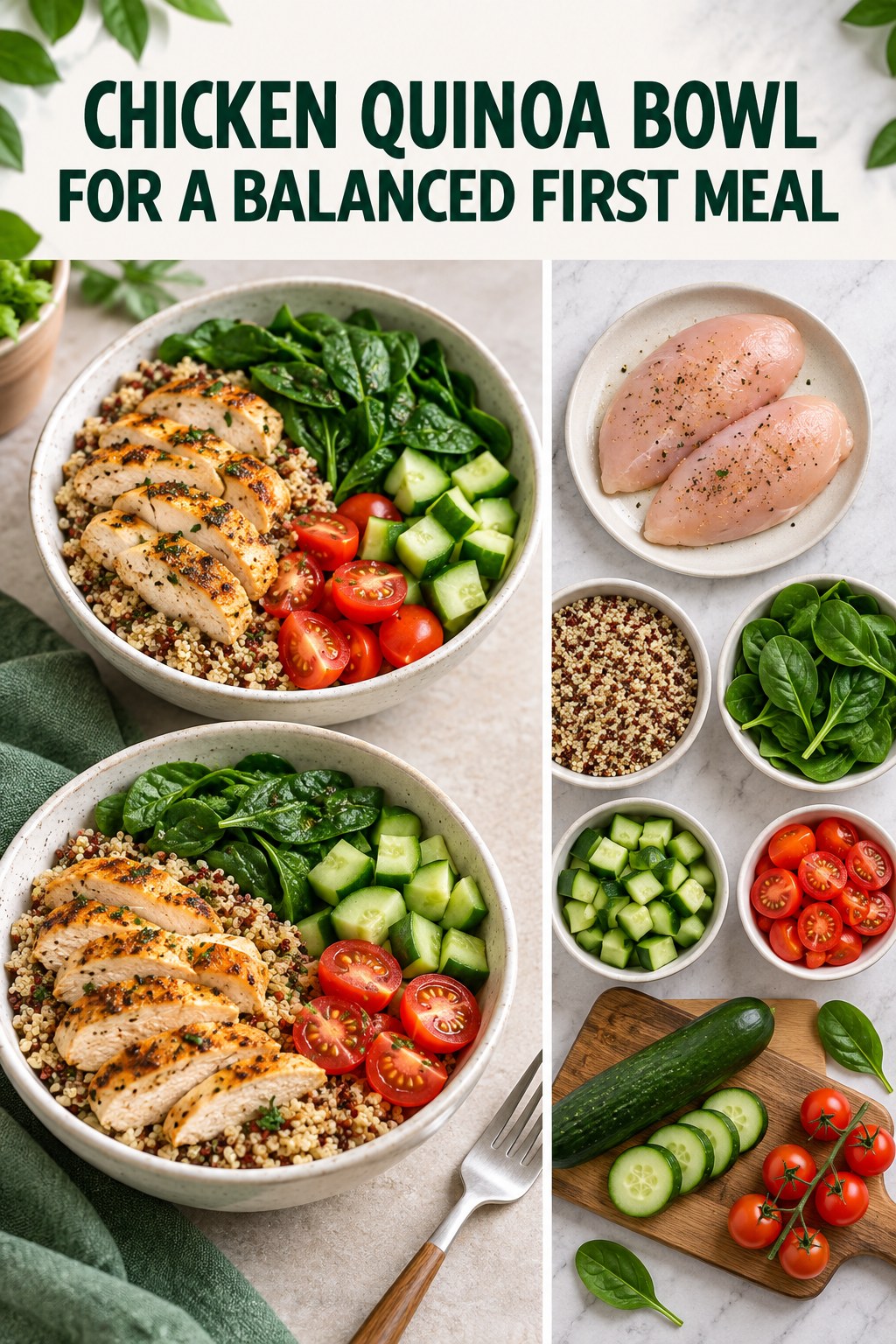 Two servings of chicken quinoa bowl for a balanced first meal made with chicken, quinoa, and vegetables.