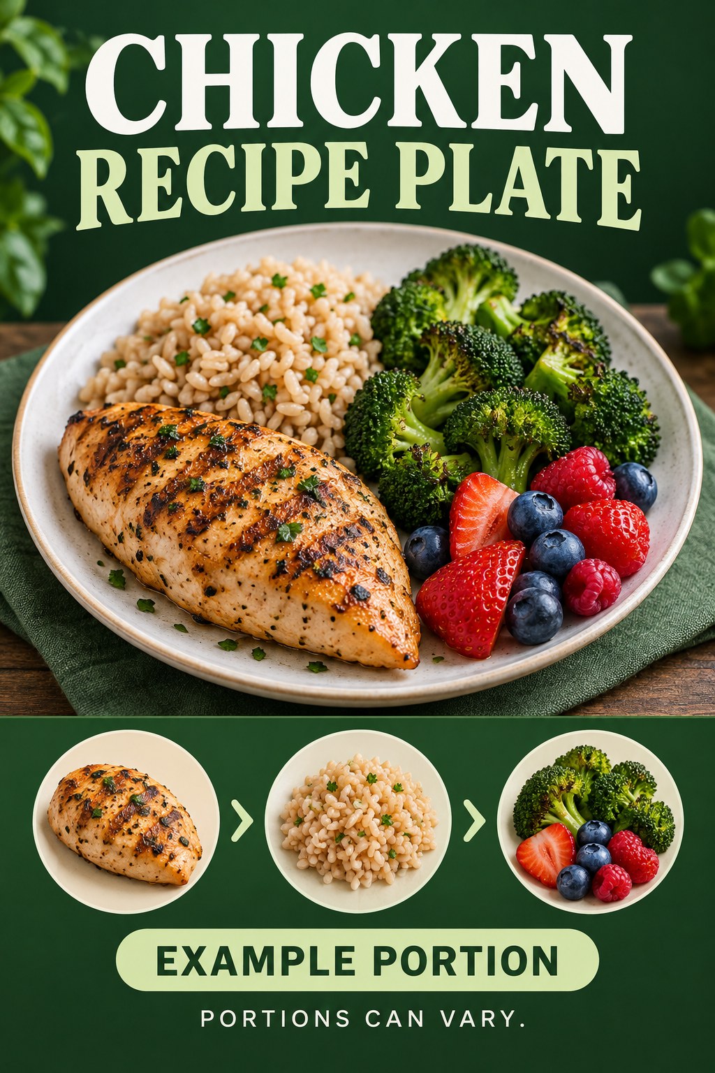 Chicken Recipe Plate visual using grilled chicken, brown rice, broccoli, and berries as flexible example portions for Healthy Chicken Recipes.