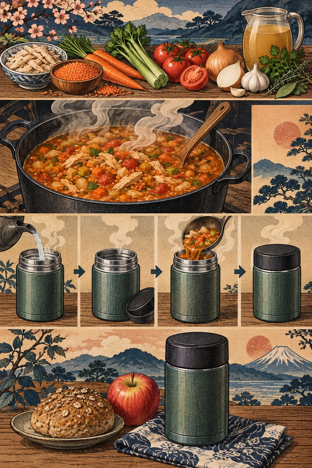 Vertical Japanese woodblock-style infographic showing chicken-lentil soup ingredients, cooking, jar preheating, hot filling, closing, and packing.
