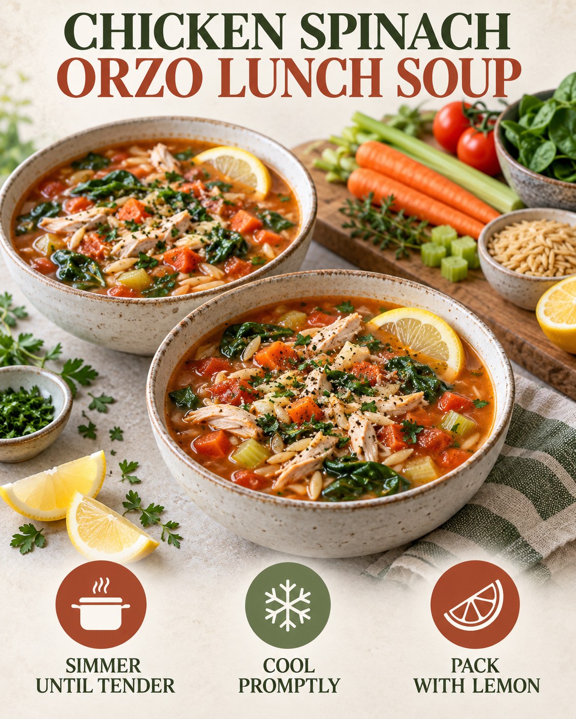 Two bowls of chicken spinach orzo lunch soup with carrots, celery, tomatoes, herbs, lemon, and safe packing reminders.