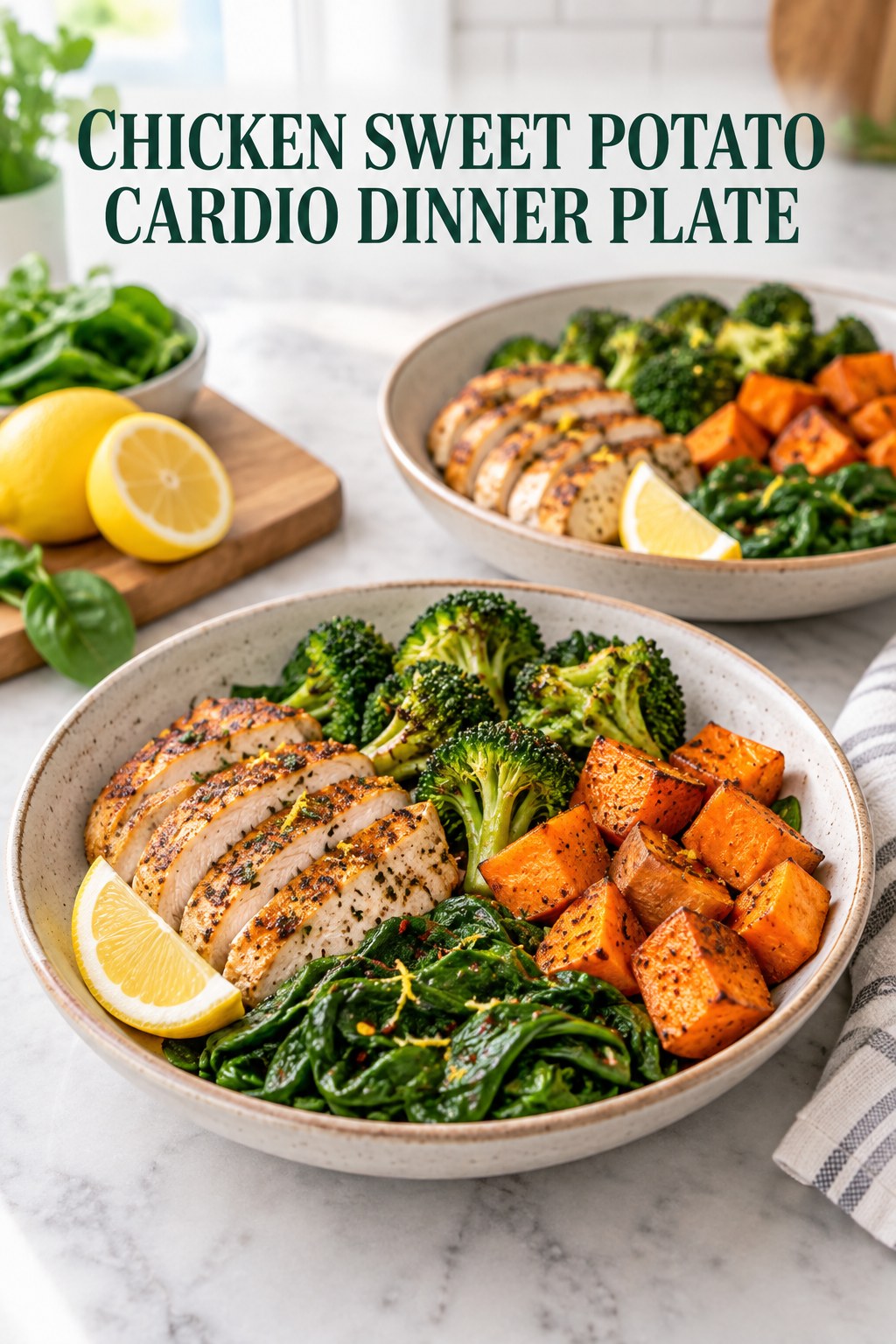Two servings of chicken sweet potato cardio dinner plate made with chicken, sweet potato, and vegetables.