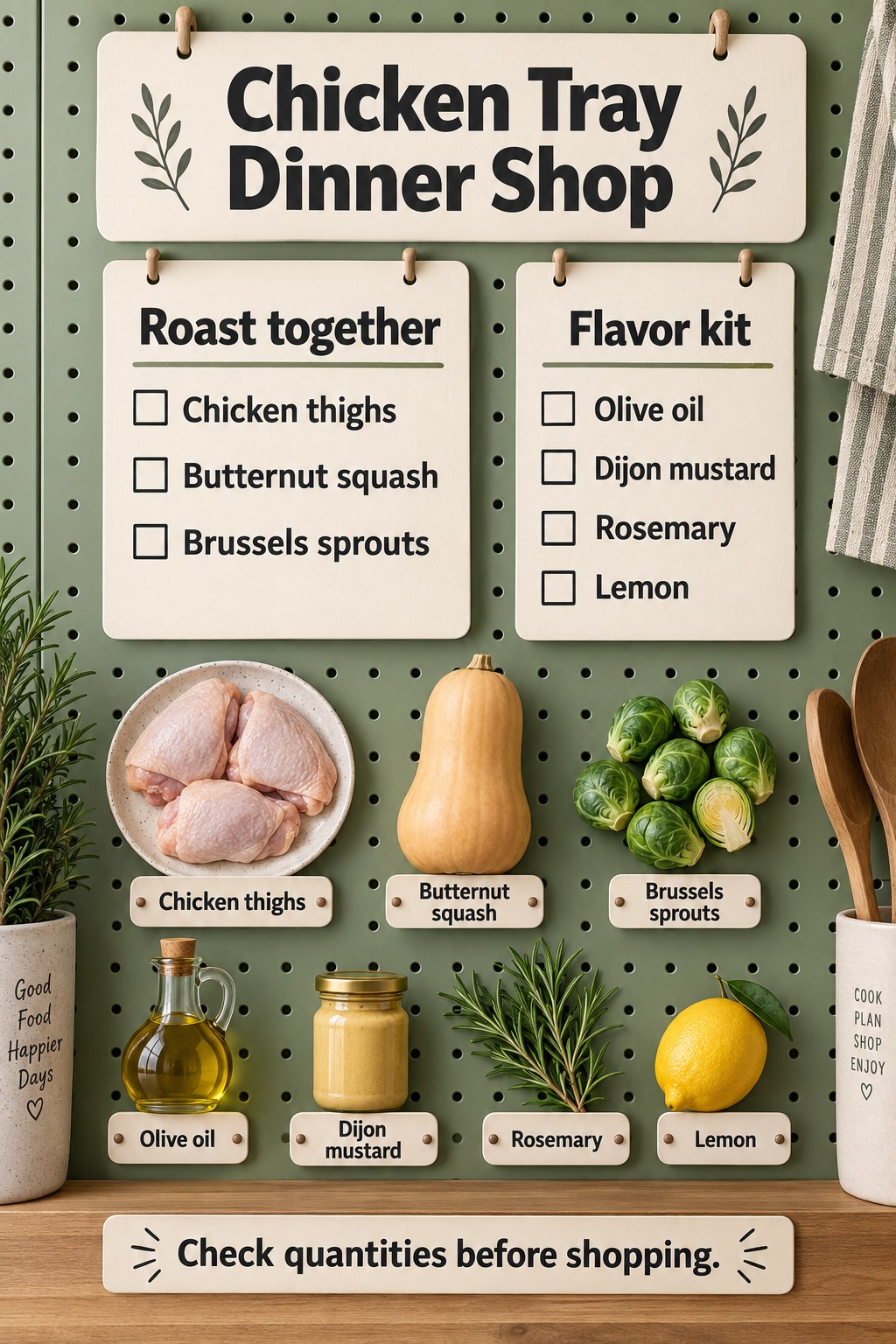 Sage green shopping checklist with chicken thighs, butternut squash, Brussels sprouts, oil, mustard, rosemary and lemon.