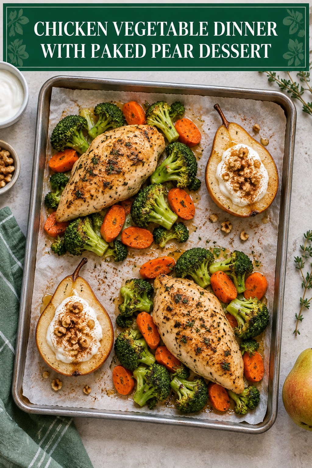 Two servings of chicken vegetable dinner with baked pear dessert made with chicken, broccoli, and vegetables.