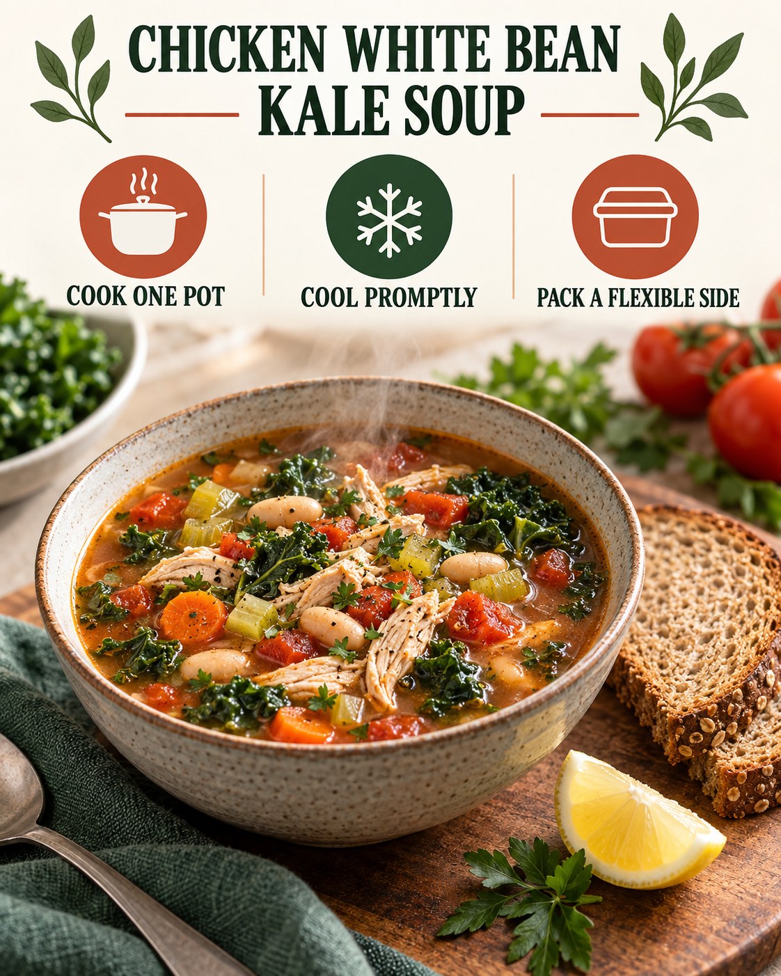 Chicken white bean kale soup with carrots, celery, tomatoes, herbs, whole-grain toast, and cooling and packing tips.