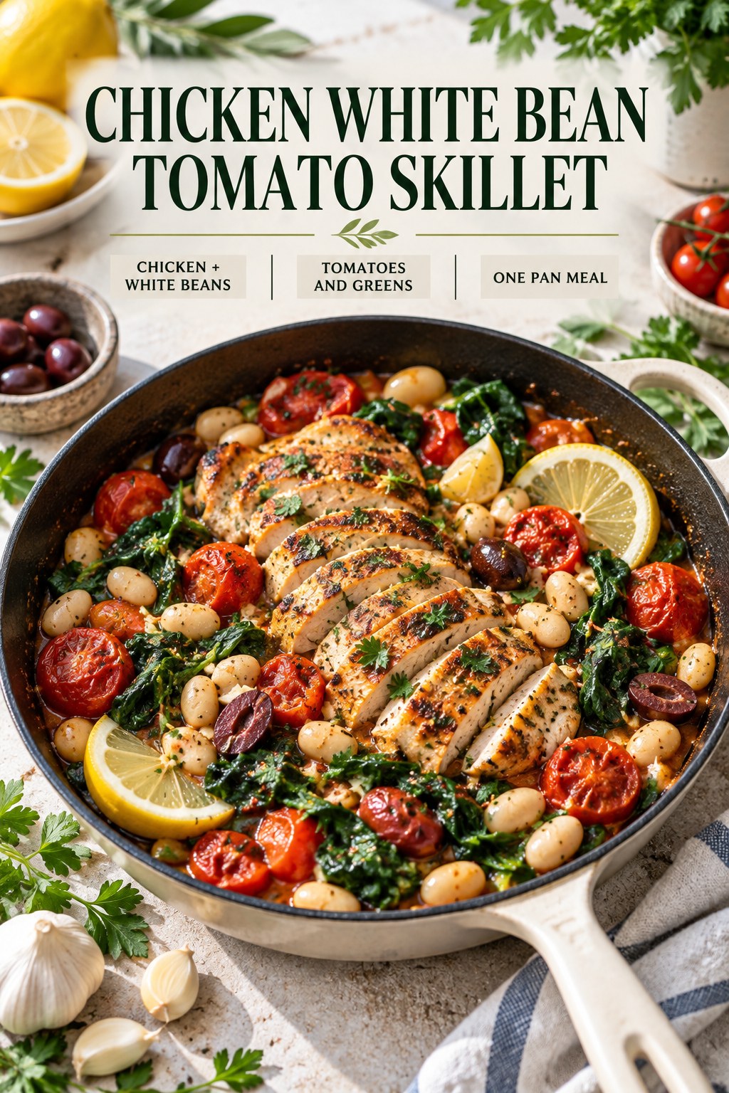Chicken white bean tomato skillet with spinach, olives, lemon, garlic, and herbs