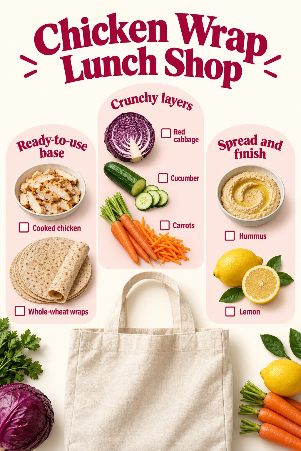 Cream and raspberry grocery graphic showing cooked chicken, wraps, red cabbage, cucumber, carrots, hummus and lemon.